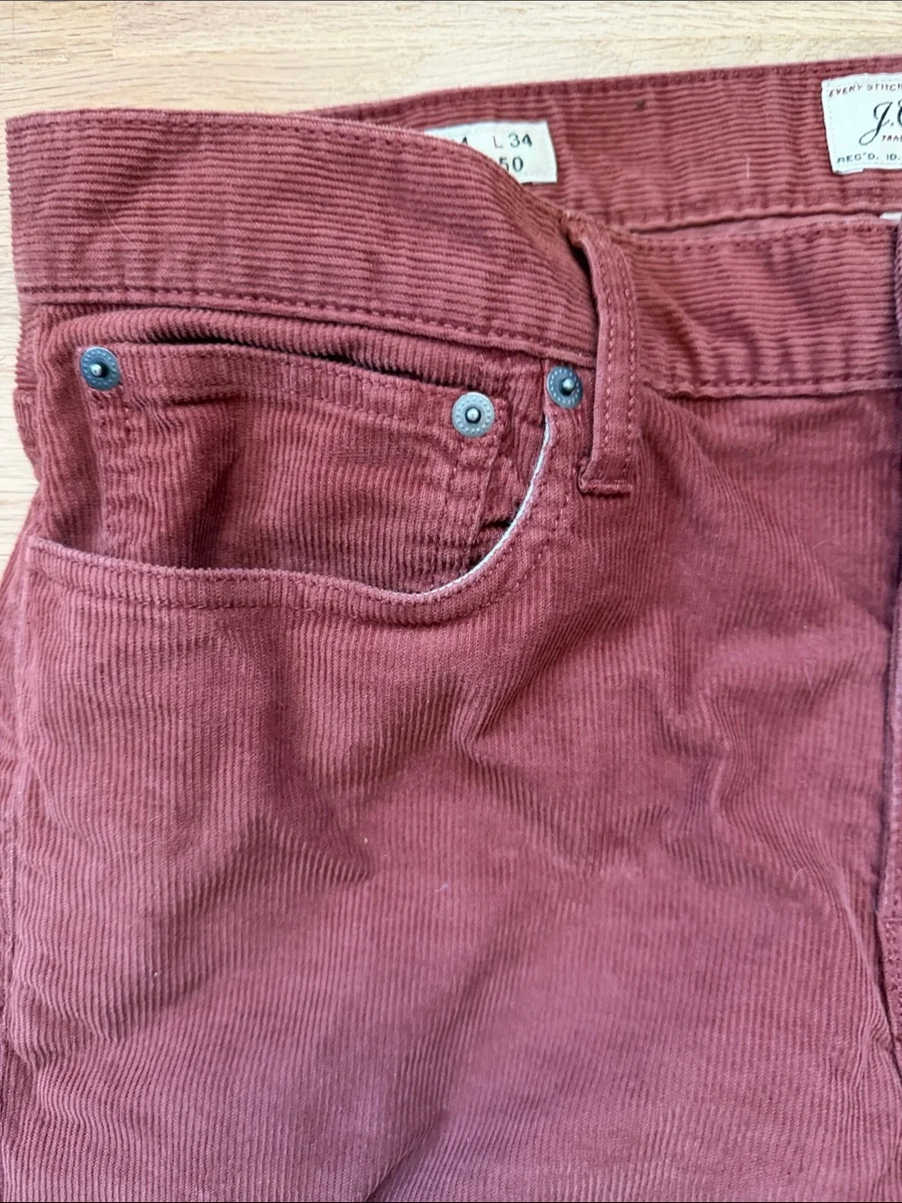 J. Crew Men's Style 250 Corduroy Pants in Rust Red Waist 34 x Length 34